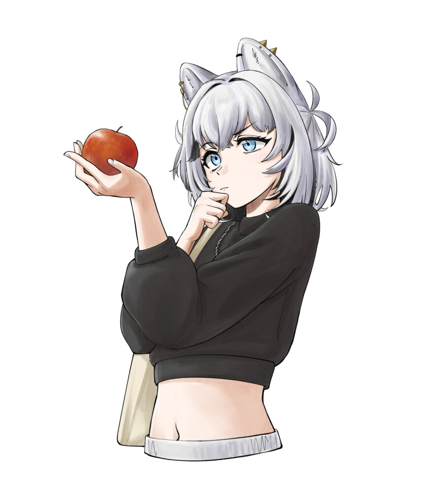 1girl, animal_ear_piercing, animal_ears, apple, bag, black_shirt, black_streaks, blue_eyes