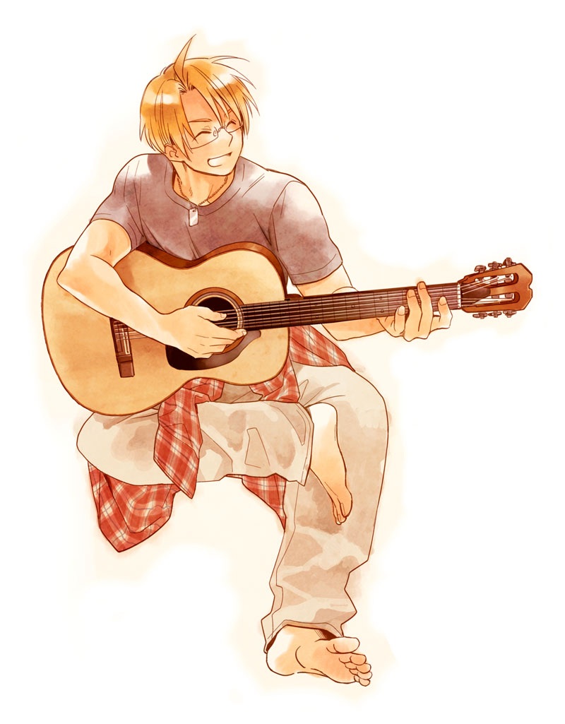 1boy, acoustic_guitar, ahoge, america_(hetalia), axis_powers_hetalia, barefoot, blonde_hair, dog_tags, closed_eyes, glasses, guitar, instrument, iwaki_soyogo, male_focus, md5_mismatch, revision, solo