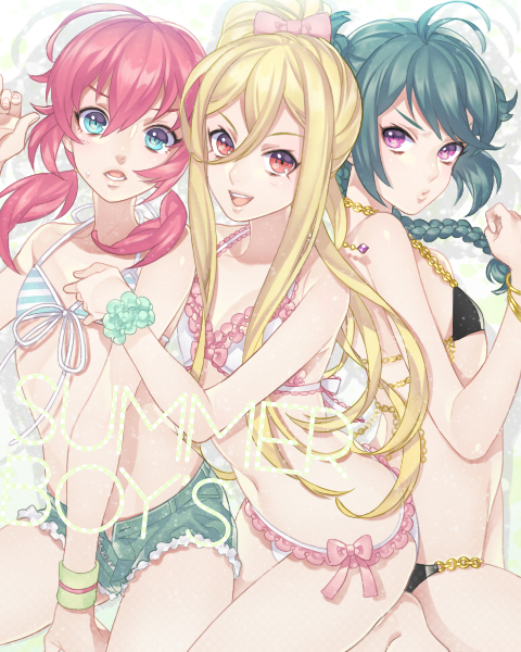 3boys, afuro_terumi, ahoge, androgynous, bad_id, bad_pixiv_id, barefoot, bikini