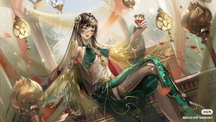 1girl, alcohol, aqua_shirt, aqua_skirt, arabian_clothes, bare_shoulders, black_hair, blue_sky, blunt_bangs, breasts, circlet, closed_mouth, cloud, crop_top, crossed_legs, cup, detached_sleeves, drink, drinking_glass, dutch_angle, eyelashes, feet_out_of_frame, gold_circlet, grey_thighhighs, highres, holding, holding_drink, lantern, life_makeover, light_particles, lipstick, long_hair, long_skirt, long_sleeves, makeup, medium_breasts, on_bench, pelvic_curtain, petals, purple_eyes, red_lips, rose_petals, see-through_clothes, see-through_thighhighs, shirt, sideboob, sitting, skirt, sky, smile, solo, stomach, straight_hair, thighhighs, underboob, very_long_hair, watermark, wide_sleeves, wine, wine_glass, xiaohongshu_watermark, ye_dian_pikaqiu, yellow_sleeves