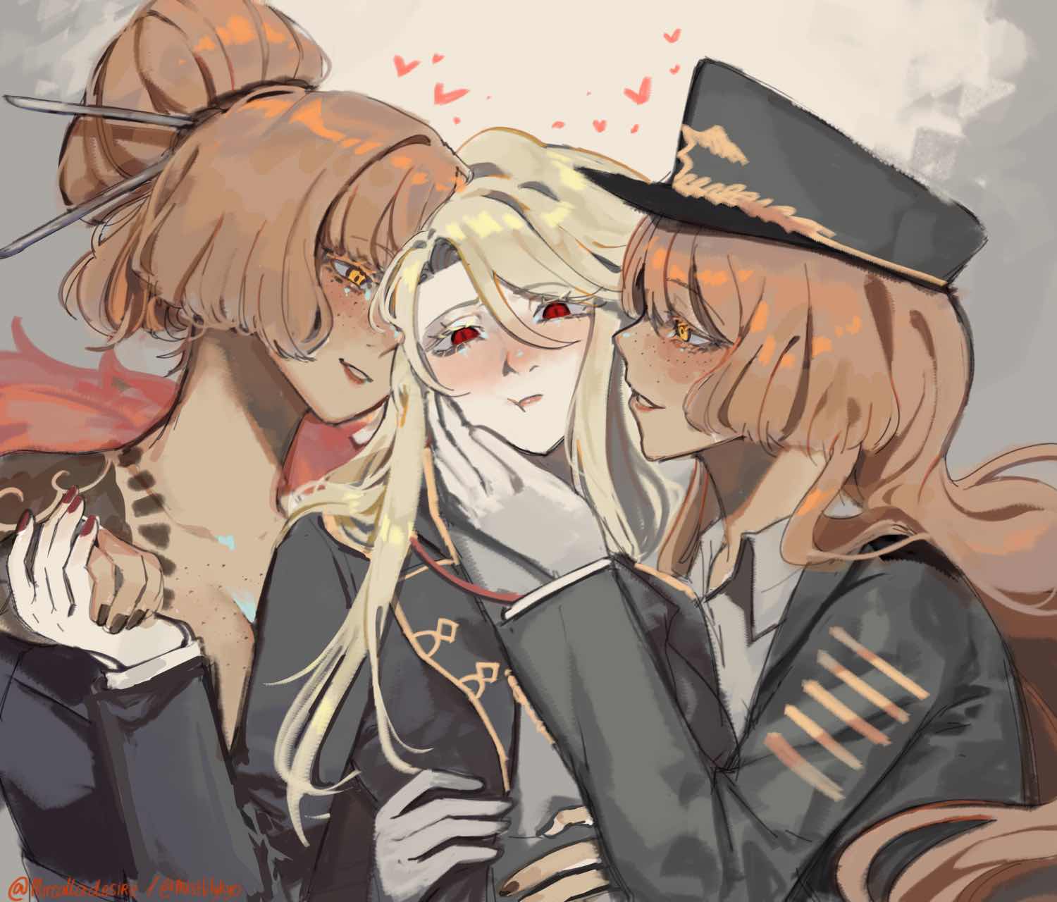 3girls, black_coat, black_kimono, black_nails, blonde_hair, blush, breasts, cleavage