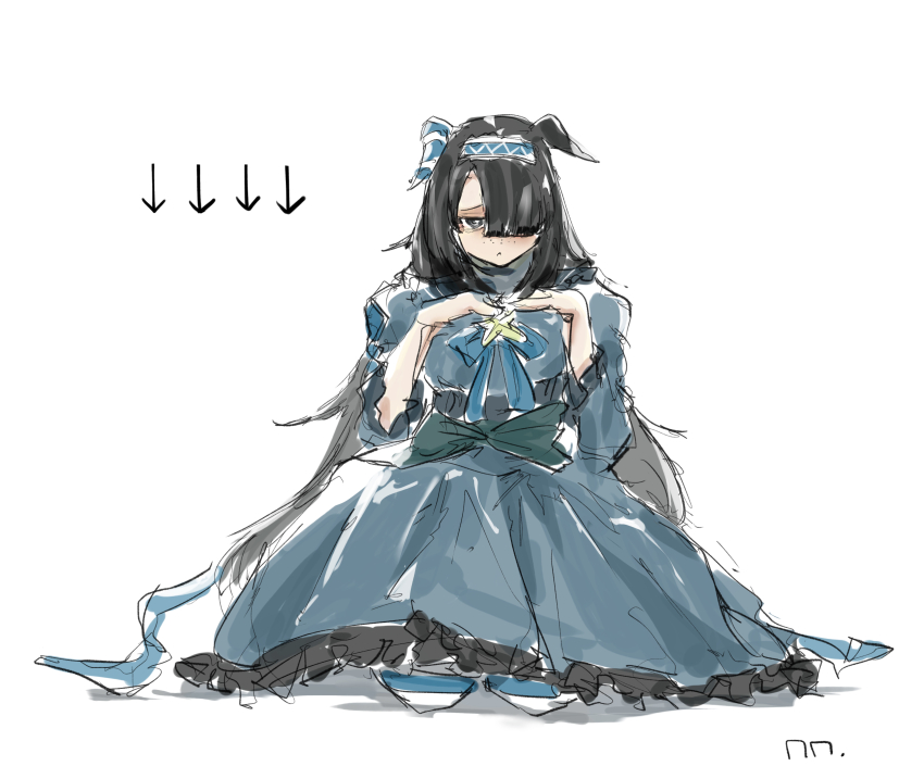 1girl, :<, animal_ears, arrow_(symbol), black_hair, blue_hairband, commentary, dress