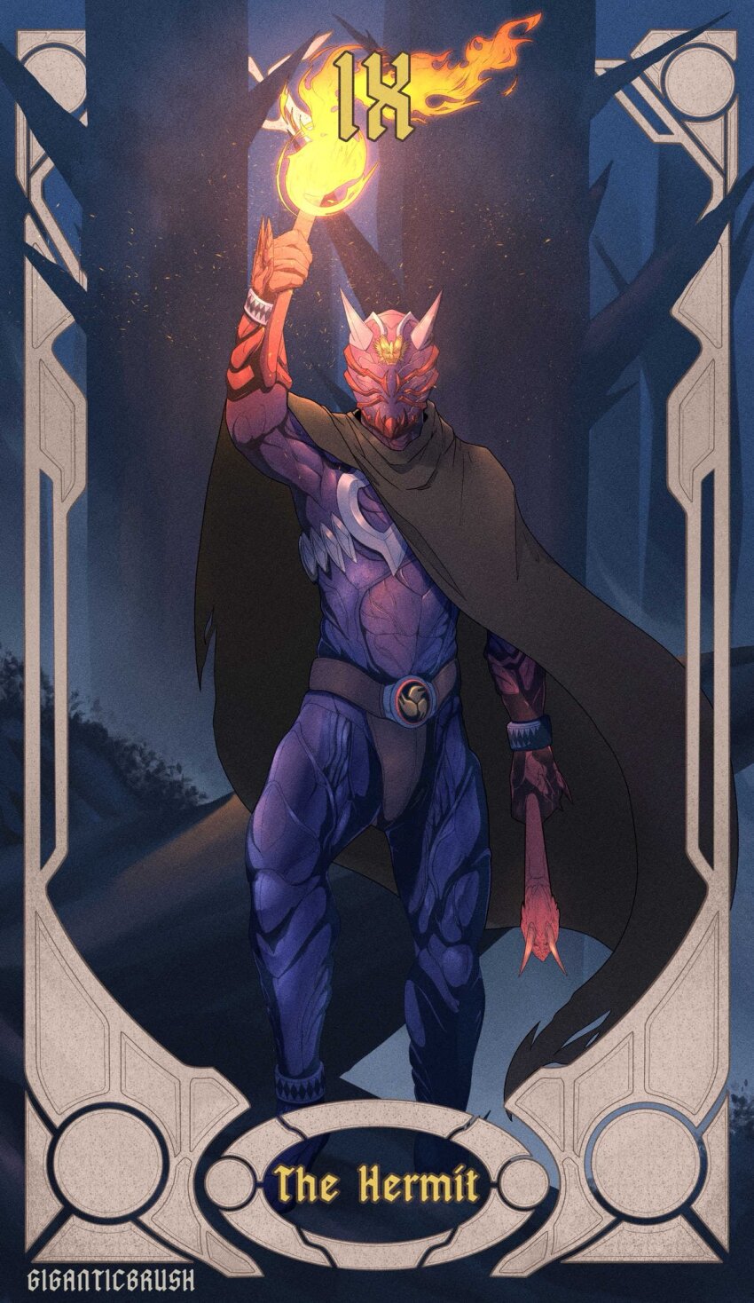 1boy, armor, belt, black_cape, bodysuit, cape, card_(medium), drumsticks