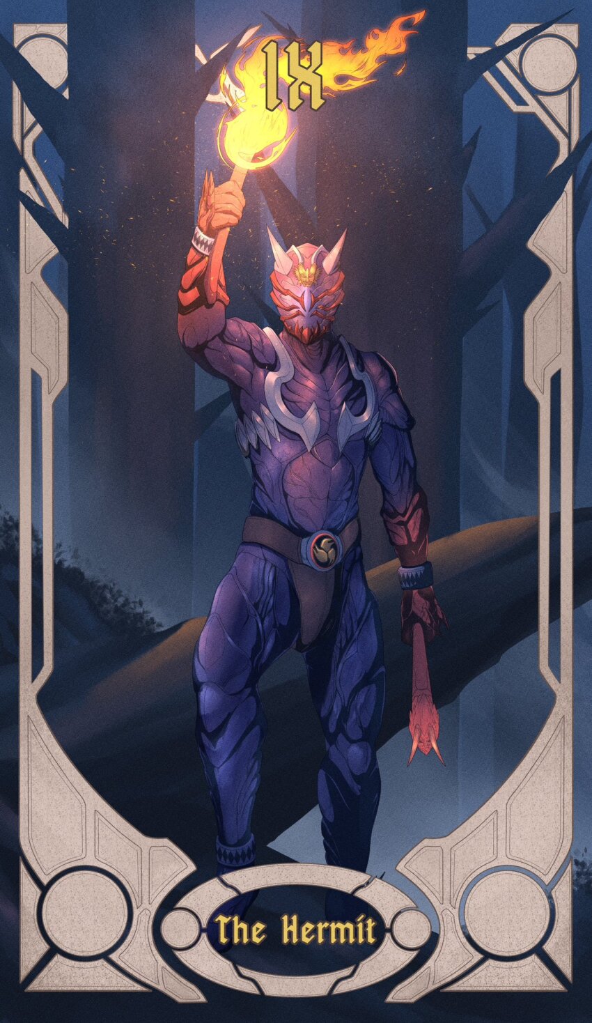 1boy, armor, belt, bodysuit, card_(medium), drumsticks, english_text, fire, forest, giganticbrush, gloves, helmet, highres, holding, holding_torch, holding_weapon, horns, kamen_rider, kamen_rider_hibiki, kamen_rider_hibiki_(series), looking_at_viewer, male_focus, mask, nature, ongekibou_rekka, oni, outdoors, roman_numeral, scenery, solo, standing, tarot, tarot_(medium), the_hermit_(tarot), tokusatsu, torch, tree, weapon