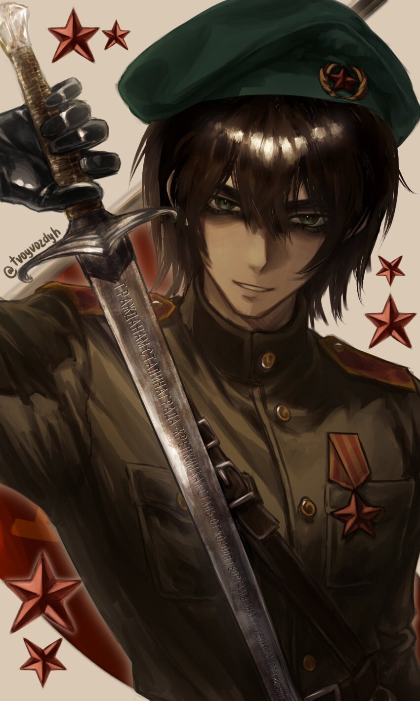 1boy, arm_up, beret, brown_hair, commentary_request, communism, flag_background, green_eyes, green_hat, hair_between_eyes, hat, highres, holding, holding_sword, holding_weapon, iskander_dzhugashvili, looking_at_viewer, male_focus, medal, military_uniform, mixed-language_commentary, parted_lips, peripeteia, red_star, russian_commentary, russian_text, short_hair, shoulder_boards, smile, solo, soviet, soviet_army, soviet_flag, star_(symbol), sword, sword_of_stalingrad, translated, tvoyvozdyh, twitter_username, upper_body, weapon