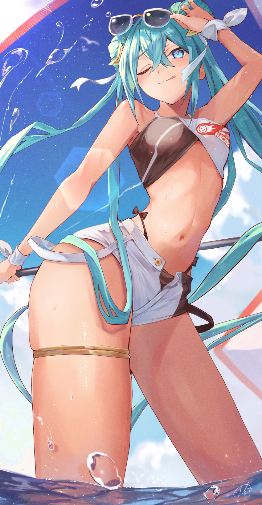 1girl, absurdres, adapted_costume, adjusting_eyewear, aqua_eyes, aqua_hair, arched_back, bare_arms