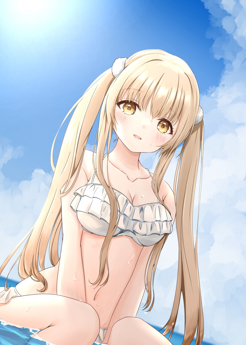 1girl, absurdres, bare_shoulders, bikini, blue_sky, blush, breasts, brown_hair