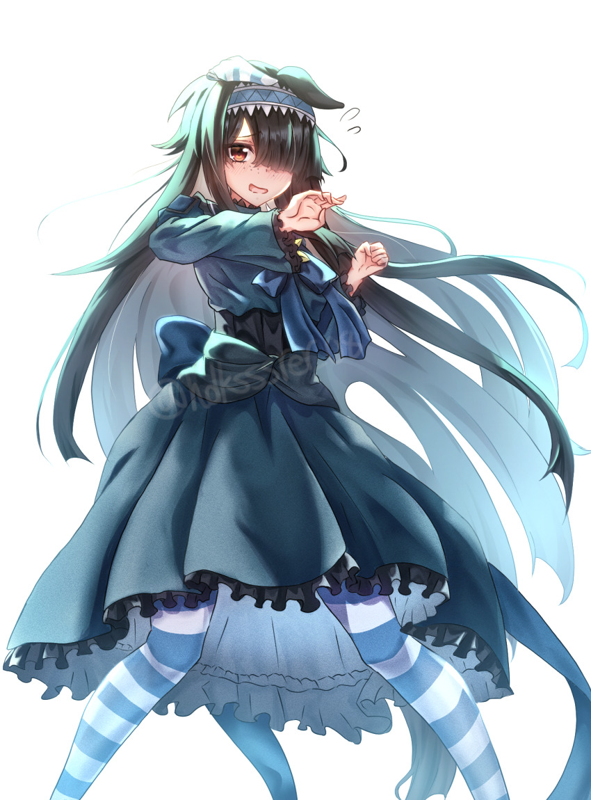 1girl, animal_ears, black_hair, blue_bow, blue_bowtie, blue_hairband, blue_panties, blush
