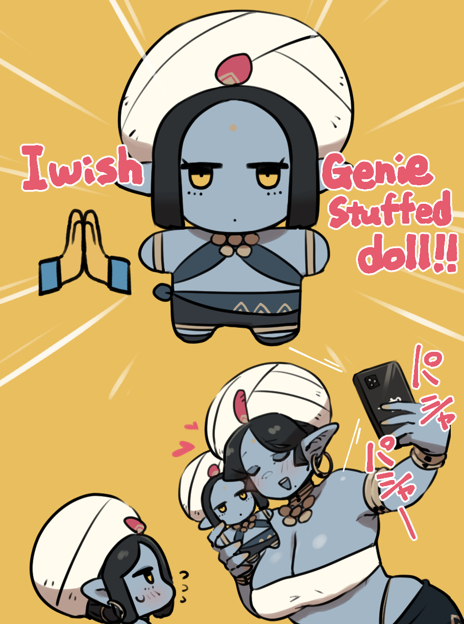 bindi, black_hair, blue_skin, breasts, character_doll, cleavage, colored_skin, crop_top