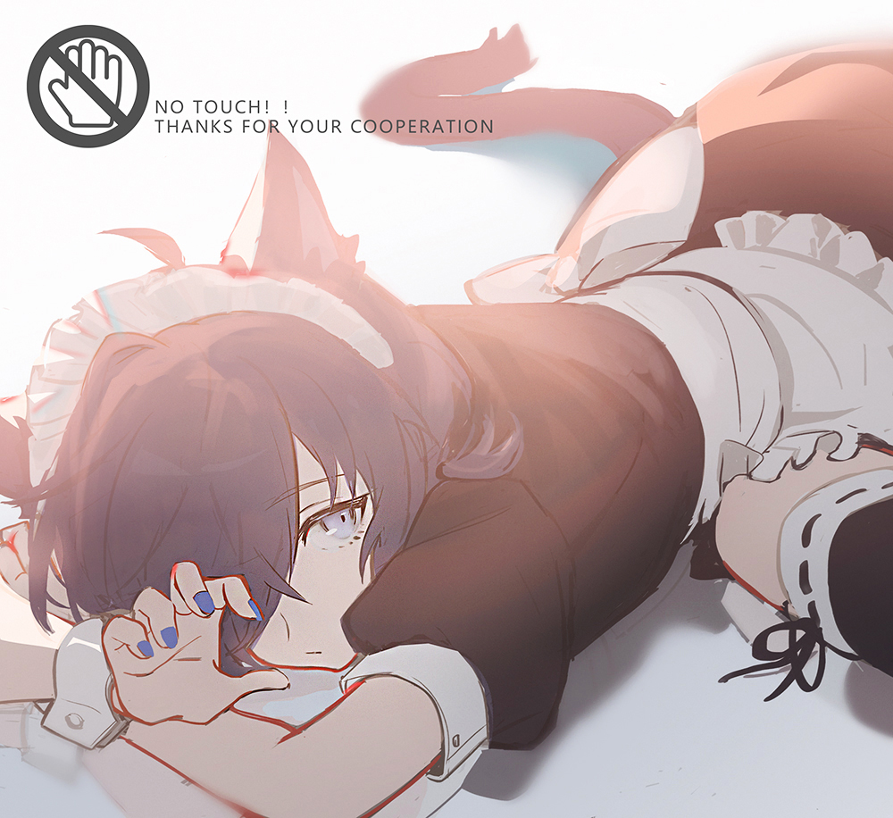 1boy, animal_ears, apron, black_shirt, blue_hair, blue_nails, cat_boy, cat_ears, cat_tail, chinese_commentary, claw_pose, crossdressing, crossdressing_(mtf), crossed_arms, english_text, grey_eyes, hair_over_one_eye, kaede1231, lying, maid, maid_apron, maid_headdress, male_focus, male_maid, nail_polish, no_entry_sign, on_floor, on_stomach, persona, persona_3, road_sign, shirt, short_hair, sign, solo, sun_glare, tail, yuuki_makoto_(persona_3)