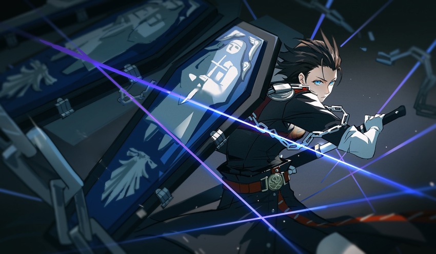 1boy, belt, black_background, black_hair, blue_eyes, broken, broken_chain, chain