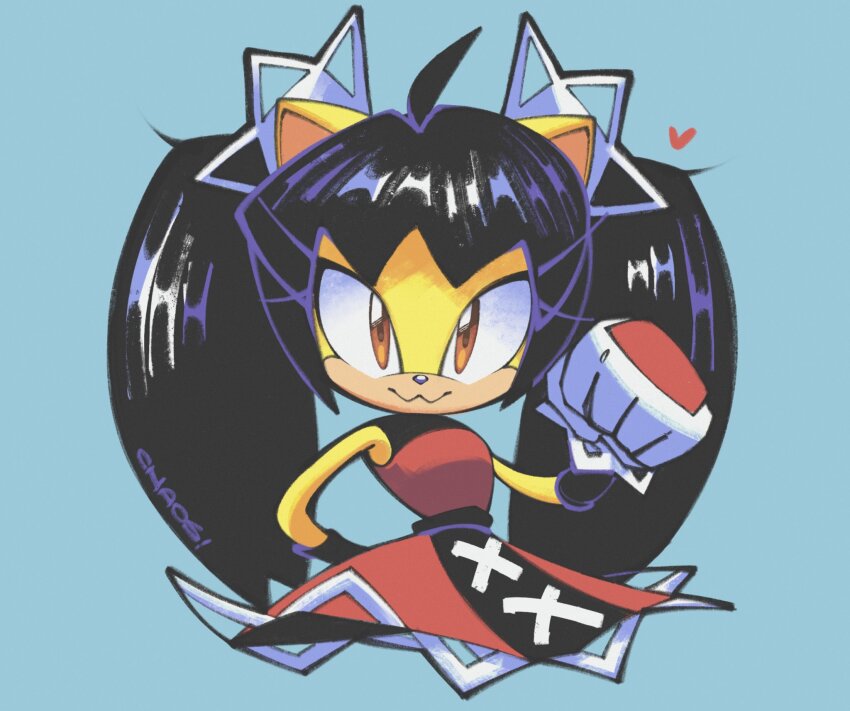 1girl, :3, ahoge, animal_ears, black_hair, blue_background, cat_ears, cat_girl