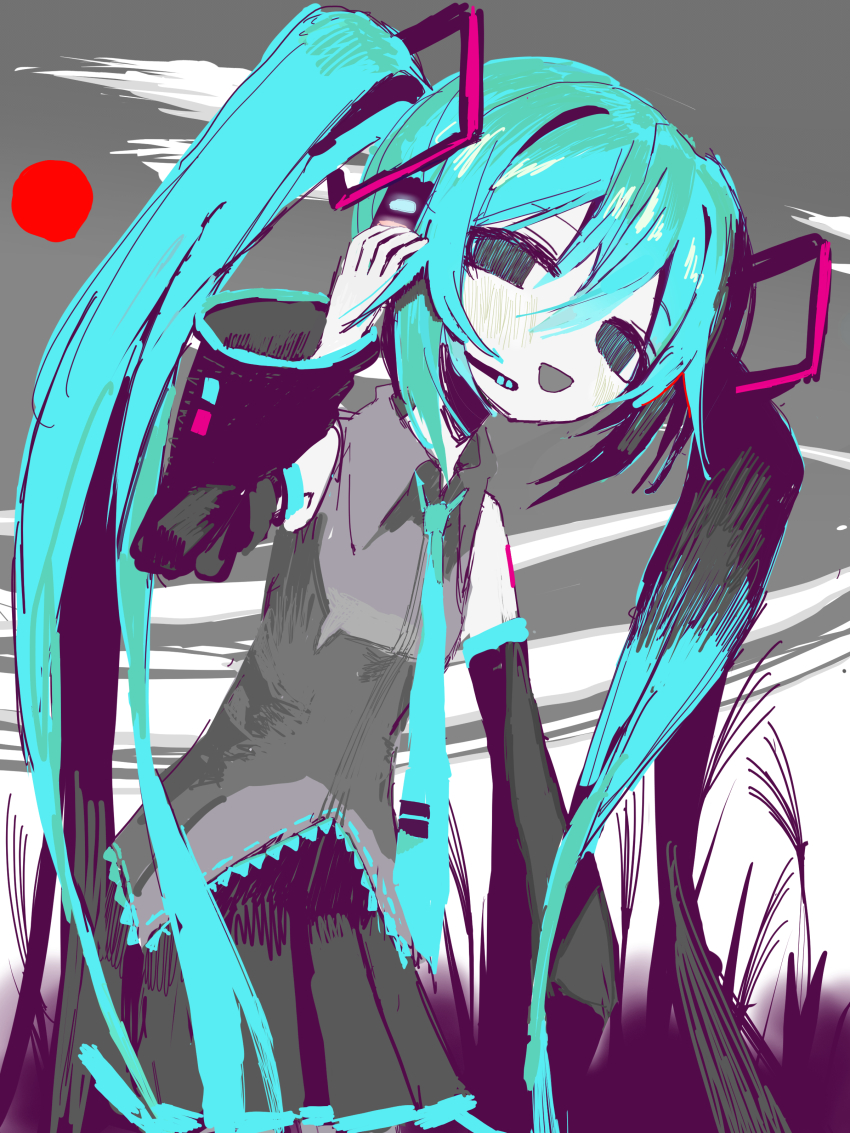 1girl, absurdres, aqua_eyes, aqua_hair, aqua_necktie, black_skirt, black_sleeves, flat_chest, grey_shirt, hami0076, hatsune_miku, headphones, highres, long_hair, looking_at_viewer, necktie, number_tattoo, open_mouth, shirt, skirt, smile, tattoo, twintails, very_long_hair, vocaloid