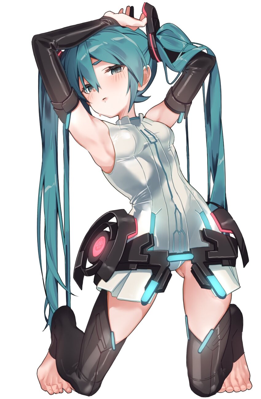 1girl, armpit_focus, armpits, arms_up, barefoot, black_sleeves, black_thighhighs, blue_hair, blush, bodysuit, breasts, commentary, detached_leggings, detached_sleeves, gluteal_fold, hair_between_eyes, hatsune_miku, hatsune_miku_(append), highres, kneeling, long_hair, looking_at_viewer, natoruuuu, parted_lips, simple_background, sleeveless, sleeveless_bodysuit, small_breasts, solo, sweat, thighhighs, transparent_background, twintails, vocaloid, vocaloid_append, white_bodysuit