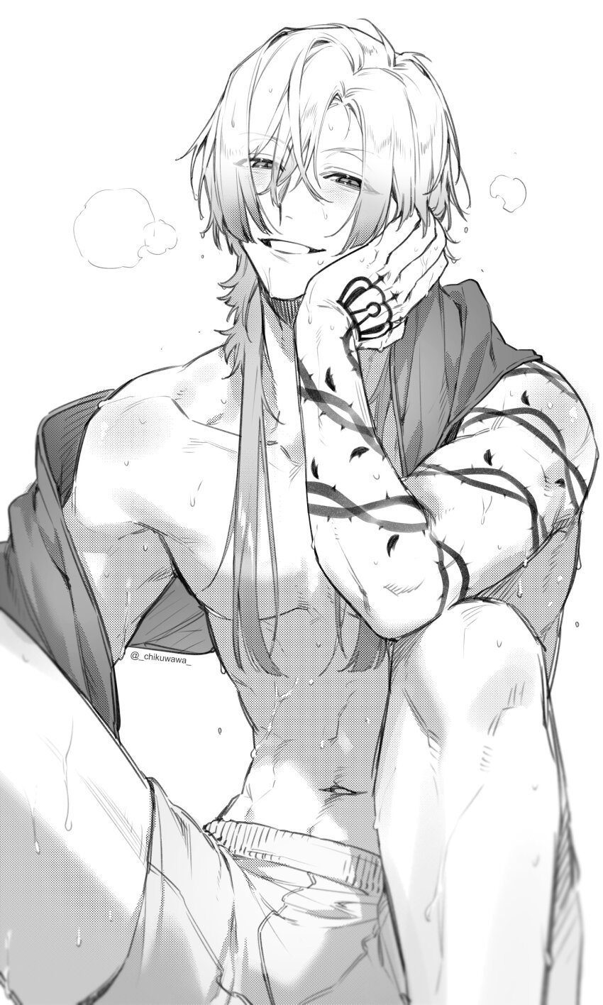 1boy, absurdres, arm_on_knee, arm_tattoo, blue_lock, breath, chikuwa_(dr0603), crown_tattoo