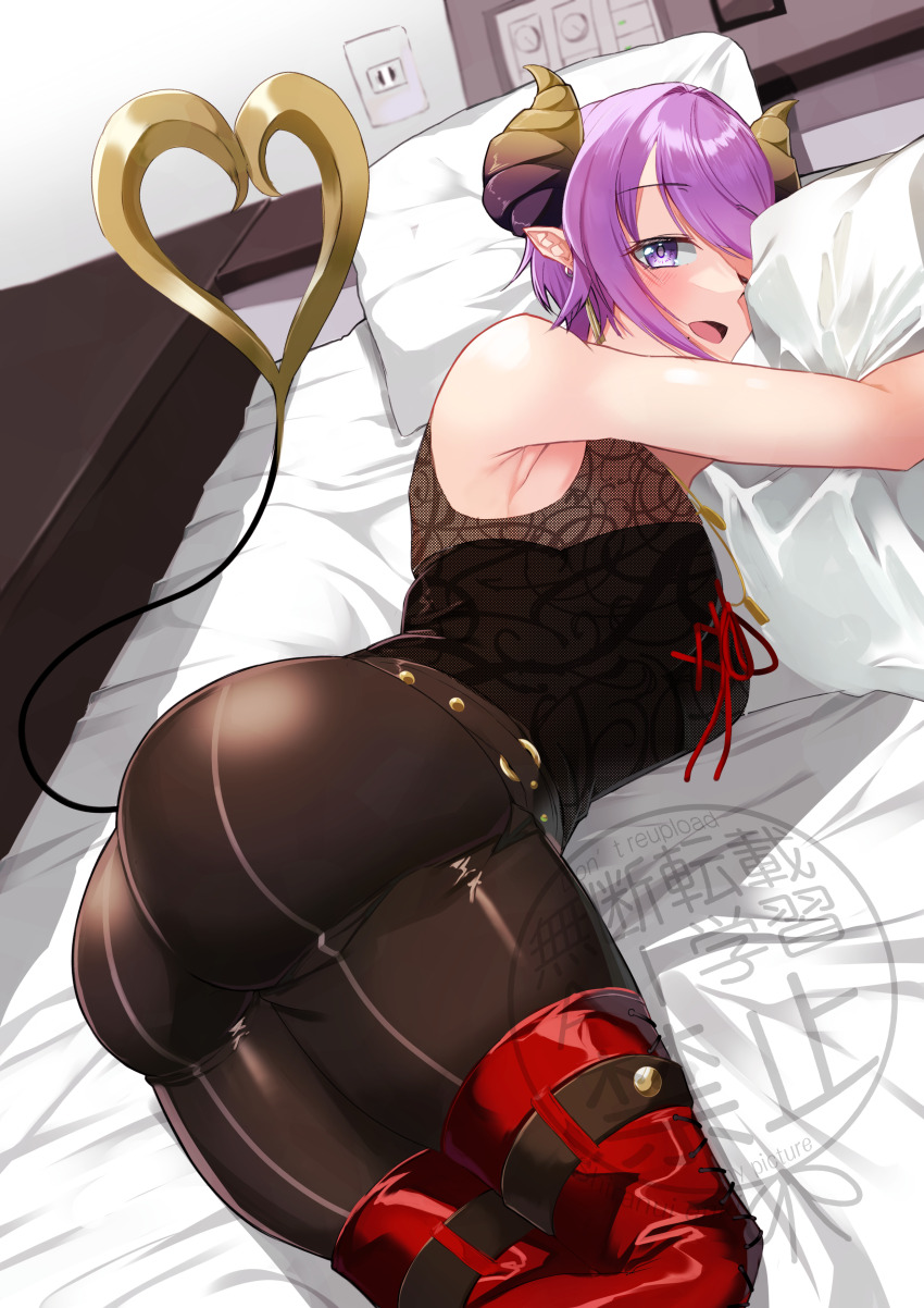 1girl, absurdres, ass, black_pants, blush, boots, breasts, brown_horns