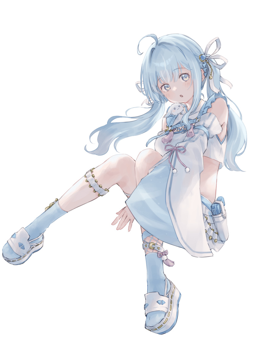 1girl, :o, absurdres, ahoge, amaui, amaui_(2nd_costume), blue_eyes, blue_hair, blue_socks, blush, commentary_request, crop_top, detached_sleeves, full_body, hair_ribbon, highres, long_hair, looking_at_viewer, minami_susi, nanashi_inc., okobo, open_mouth, pink_ribbon, platform_sandals, ribbon, sandals, shirt, simple_background, skirt, sleeve_ribbon, sleeveless, sleeveless_shirt, socks, solo, transparent_background, twintails, virtual_youtuber, white_ribbon, white_sandals, white_shirt, white_skirt, white_sleeves