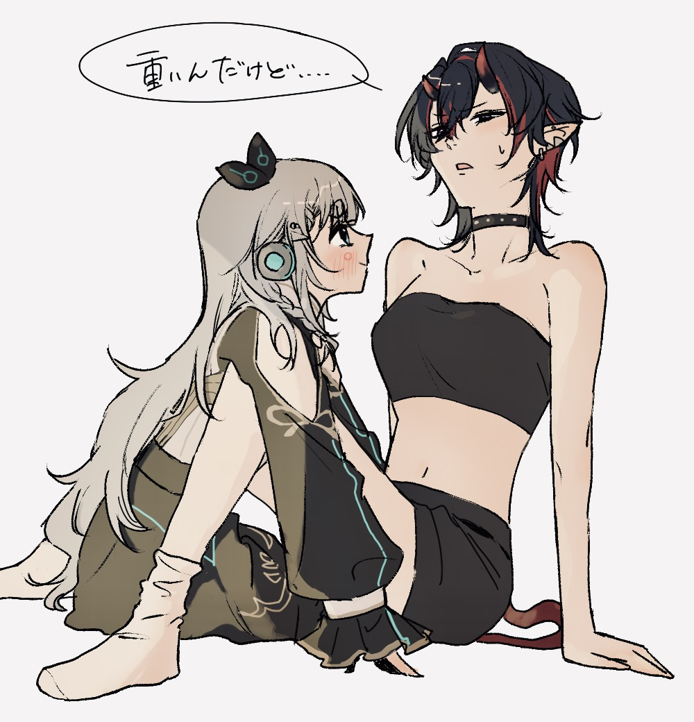 2girls, amaotome, and_uge, bandeau, black_bandeau, black_choker, black_eyes, black_hair