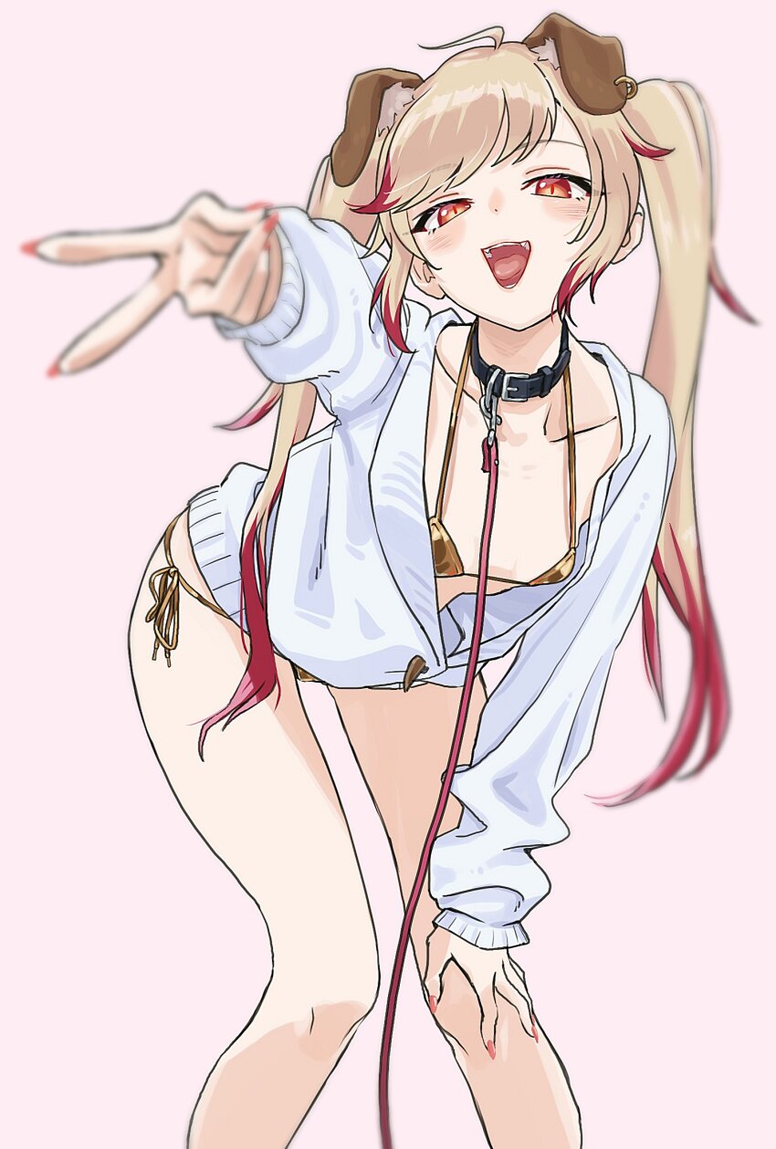 1girl, animal_ear_piercing, animal_ears, bikini, blonde_hair, blush, breasts, cardigan, commentary_request, dog_ears, dog_girl, earrings, extra_ears, feet_out_of_frame, floppy_ears, gold_bikini, gyaru_v, hand_on_own_knee, highres, jewelry, leaning_forward, leash, long_hair, long_sleeves, looking_at_viewer, multicolored_hair, nanashi_inc., none_(fan_774), open_cardigan, open_clothes, open_mouth, orange_eyes, pink_background, red_hair, seshima_rui, single_earring, small_breasts, smile, solo, sweater, swimsuit, twintails, two-tone_hair, v, virtual_youtuber, white_sweater
