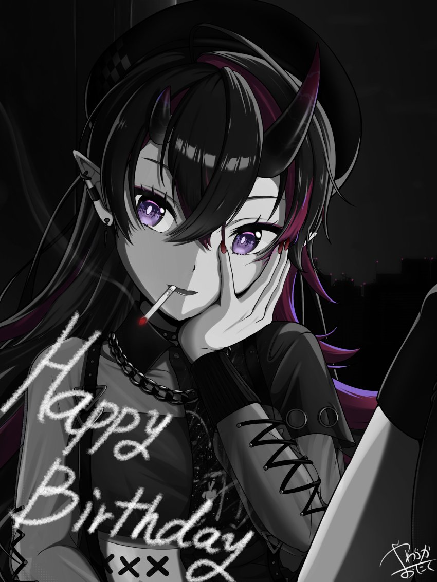 1girl, absurdres, beret, chain, chain_necklace, cigarette, commentary_request, crossed_bangs