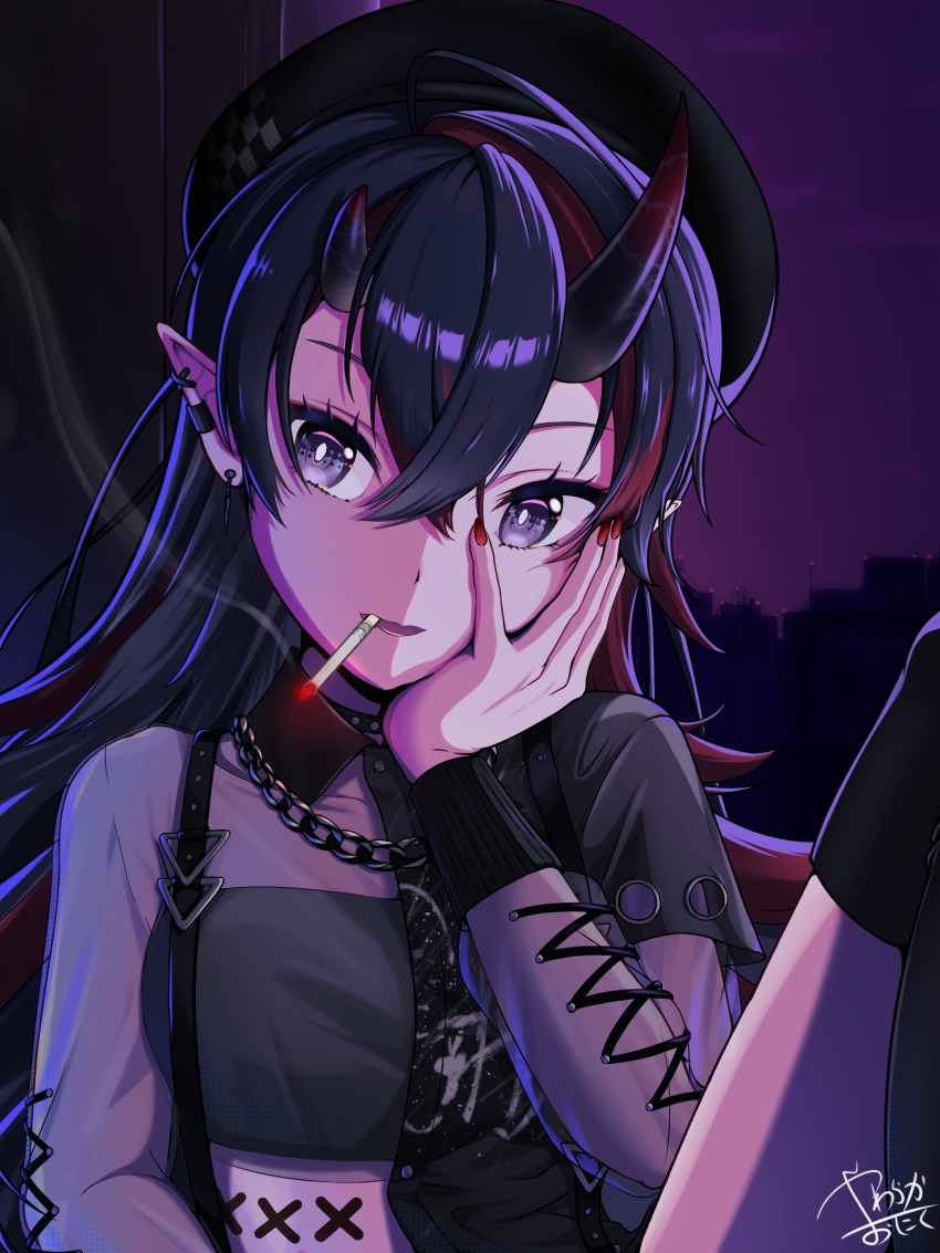 1girl, absurdres, beret, black_hair, black_shirt, bright_pupils, chain, chain_necklace