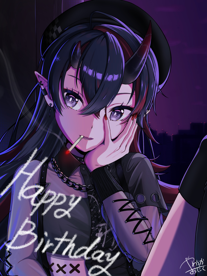 1girl, absurdres, beret, black_hair, black_shirt, bright_pupils, chain, chain_necklace