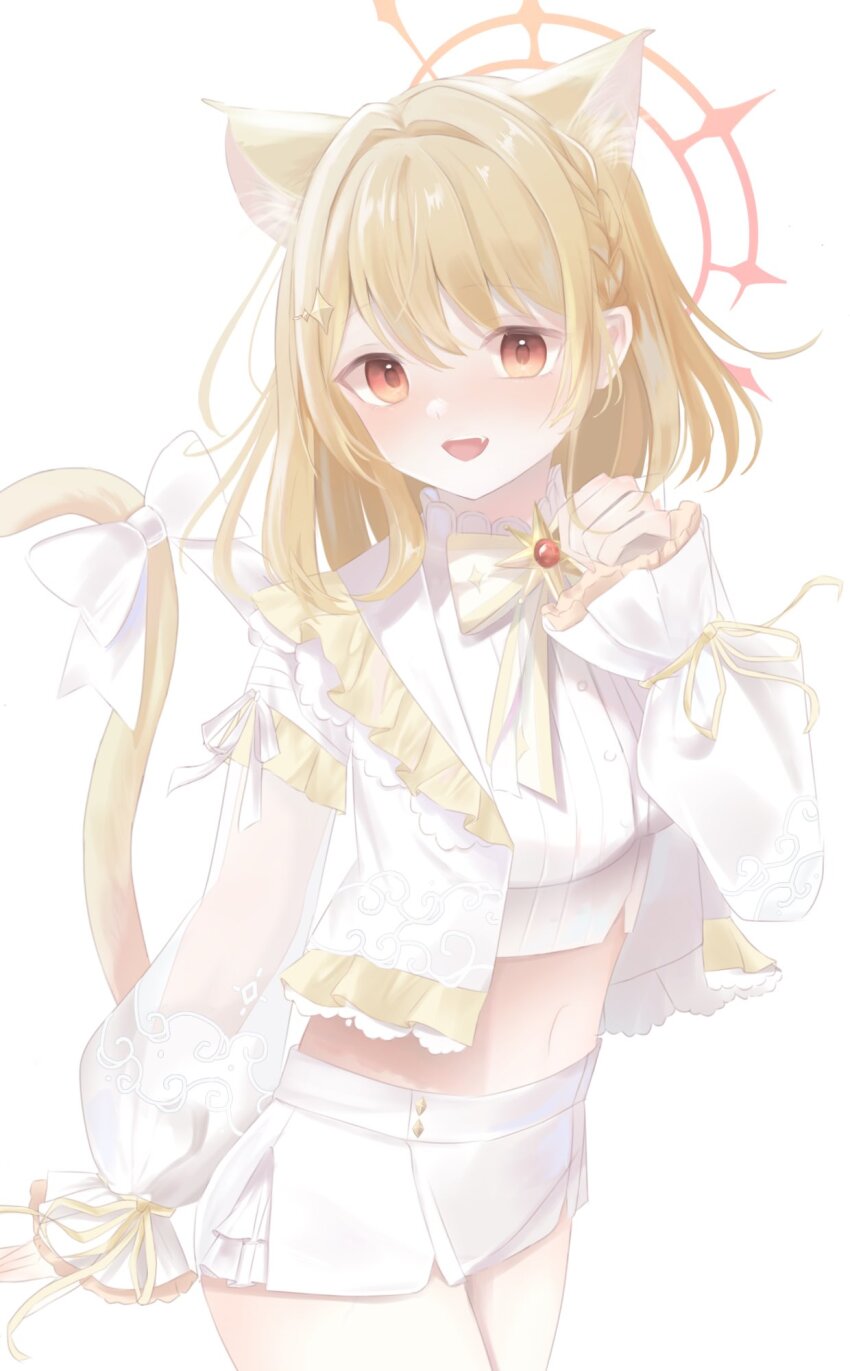 1girl, animal_ear_fluff, animal_ears, blonde_hair, blush, bow, bowtie, braid, breasts, cat_ears, cat_tail, commentary_request, cowboy_shot, crop_top, extra_ears, fang, halo, highres, hinata_mashu, hinata_mashu_(2nd_costume), kemonomimi_mode, long_sleeves, looking_at_viewer, medium_breasts, medium_hair, midriff, nanashi_inc., navel, onamae_naico, open_mouth, orange_eyes, orange_halo, shirt, shorts, simple_background, smile, solo, tail, tail_bow, tail_ornament, virtual_youtuber, white_background, white_bow, white_shirt, white_shorts, yellow_bow, yellow_bowtie