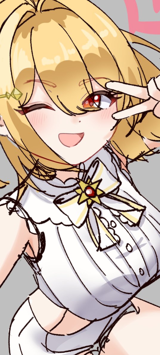 1girl, :d, blonde_hair, blush, bow, bowtie, breasts, commentary, cowboy_shot, grey_background, hair_intakes, hinata_mashu, hinata_mashu_(2nd_costume), large_breasts, looking_at_viewer, mariooo, medium_hair, nanashi_inc., open_mouth, orange_eyes, shirt, shorts, simple_background, sleeveless, sleeveless_shirt, smile, solo, v, v_over_eye, virtual_youtuber, white_bow, white_bowtie, white_shirt, white_shorts