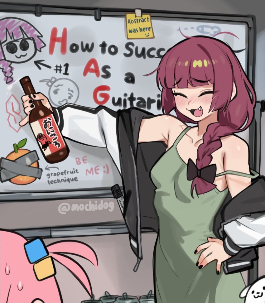 2girls, artist_name, black_bow, black_jacket, black_nails, blunt_bangs, blush, bocchi_the_rock!