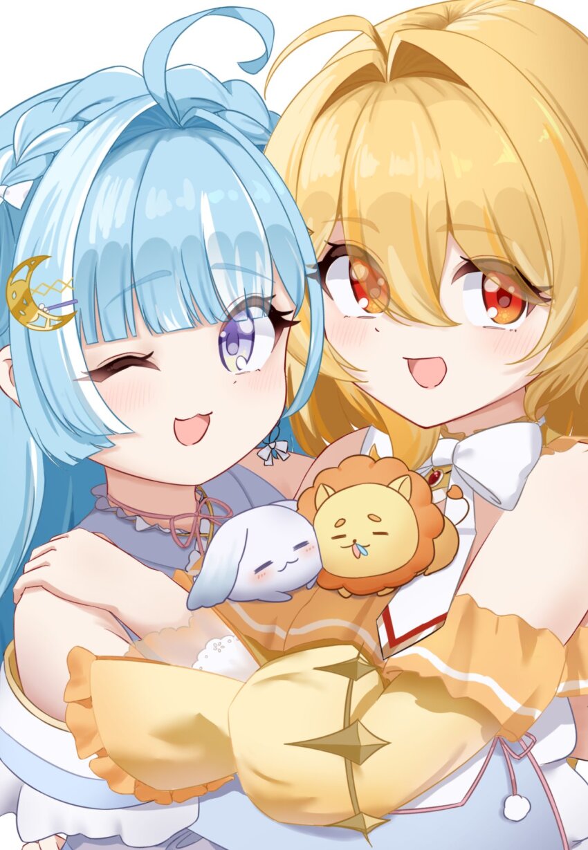 2girls, :3, :d, ahoge, amaui, blonde_hair, blue_hair, blue_kimono