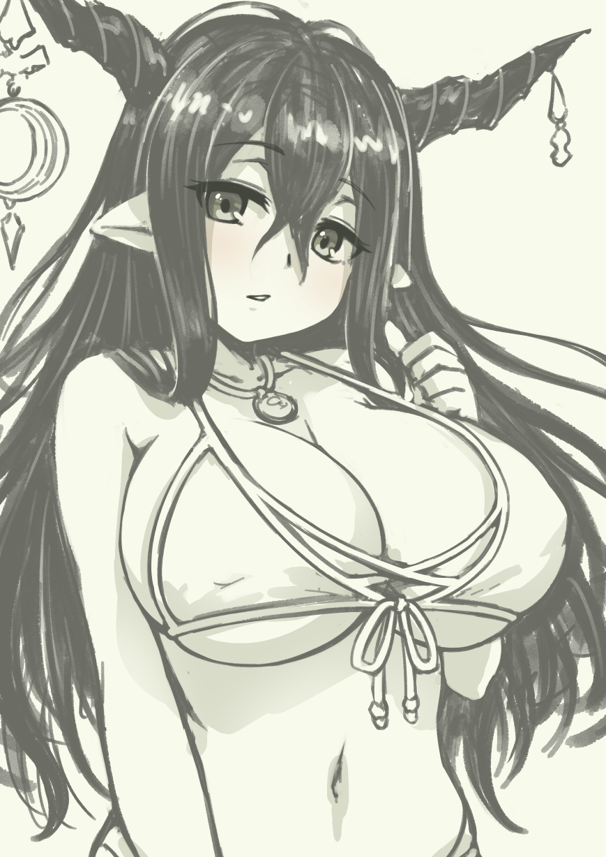 1girl, bikini, breasts, cleavage, commentary_request, crescent, danua, danua_(summer)_(granblue_fantasy)