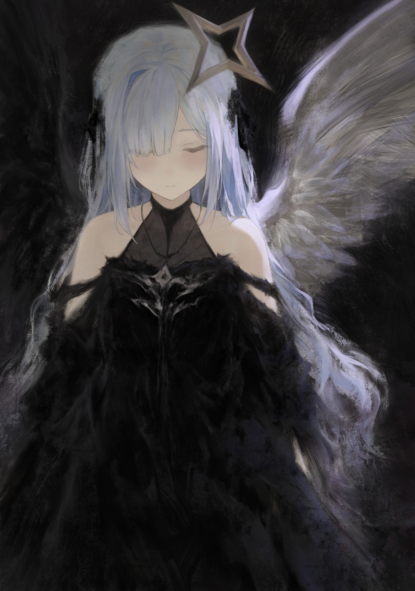 1girl, absurdres, amane_kanata, bare_shoulders, black_background, black_dress, bliss_htt, closed_eyes