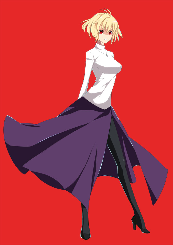 1girl, arcueid_brunestud, arms_behind_back, black_pantyhose, blonde_hair, cross, cross_necklace, full_body