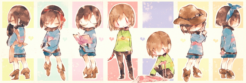 2others, apron, black_pants, blue_shorts, blue_sweater, book, brown_apron, brown_hair, brown_shoes, chara_(undertale), chibi, chibi_only, closed_eyes, cosplay, cowboy_hat, frisk_(undertale), glasses, green_sweater, gun, hat, highres, holding, holding_book, holding_gun, holding_weapon, human_souls_(undertale), integrity_(undertale), integrity_(undertale)_(cosplay), justice_(undertale), justice_(undertale)_(cosplay), kindness_(undertale), kindness_(undertale)_(cosplay), mii_(chibinomi), multiple_others, multiple_views, other_focus, pants, patience_(undertale), patience_(undertale)_(cosplay), perseverance_(undertale), perseverance_(undertale)_(cosplay), red_eyes, shoes, short_hair, shorts, squatting, sweater, undertale, utdr_(toby_fox), weapon