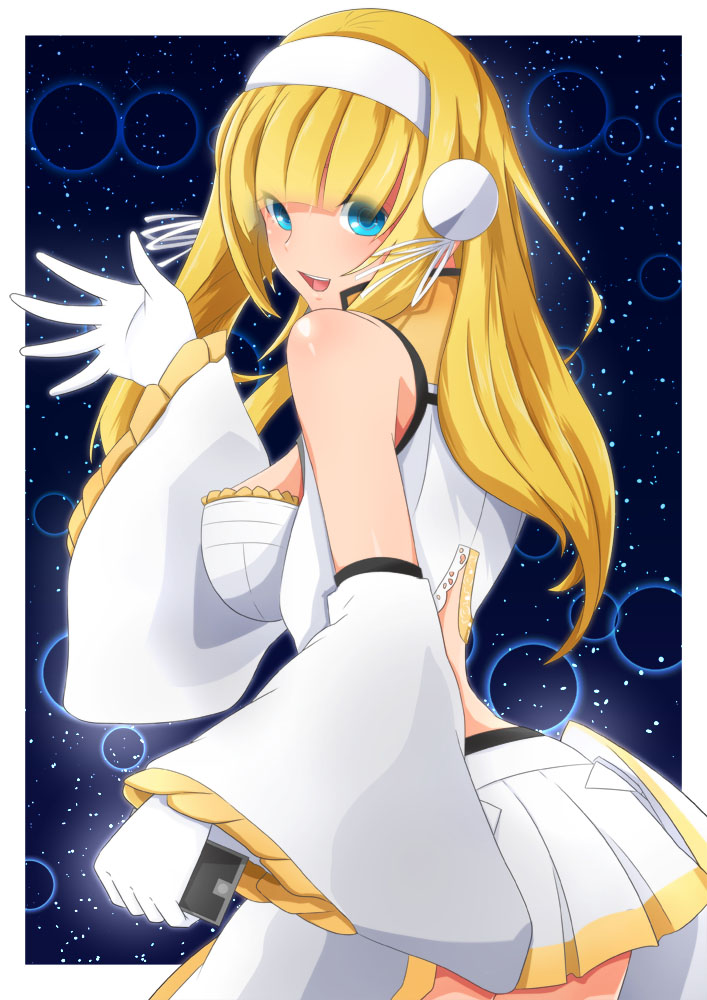 1girl, blonde_hair, blue_eyes, border, breasts, cleavage, detached_sleeves, evelysse_(star_ocean)