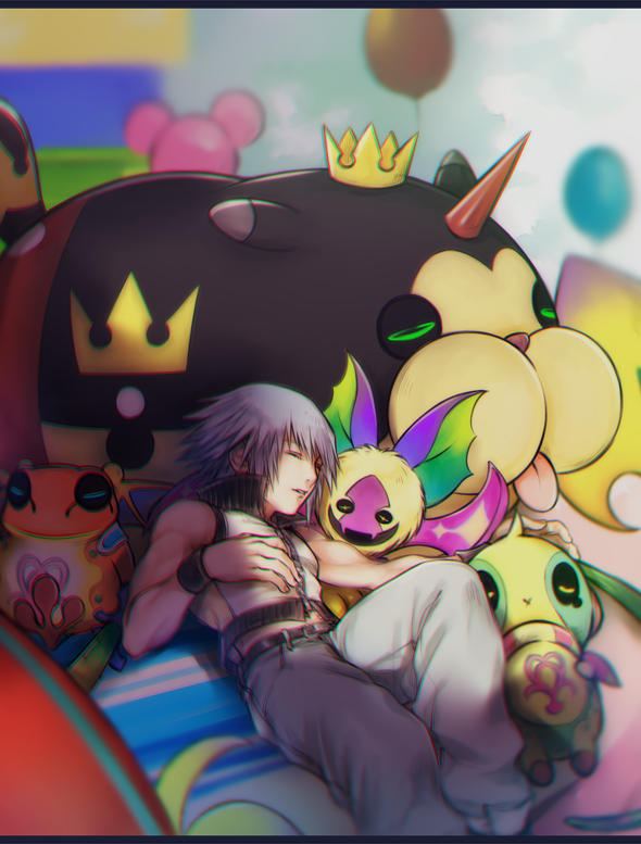 1boy, armband, balloon, bare_shoulders, black_armband, blue_pants, closed_eyes, commentary_request