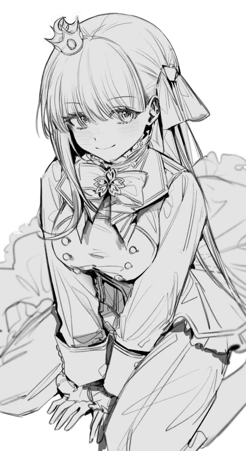 1girl, absurdres, bb_(fate), bb_(flower_parade)_(fate), between_legs, bow, bowtie, breasts