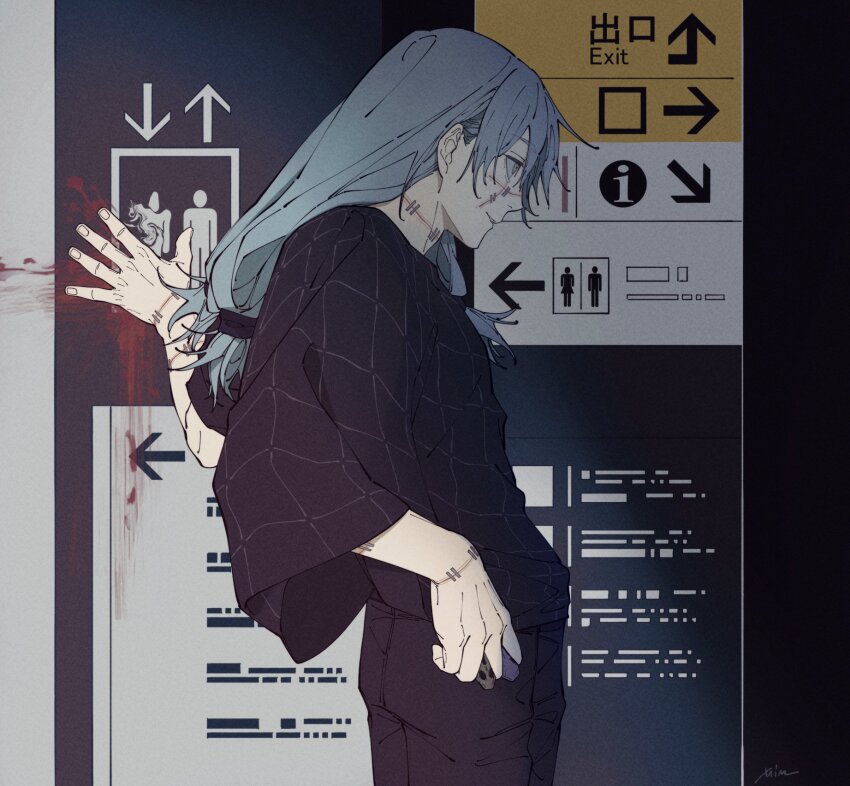 1boy, arrow_(symbol), black_pants, black_shirt, blue_hair, cowboy_shot, cursed_spirit_(jujutsu_kaisen), from_side