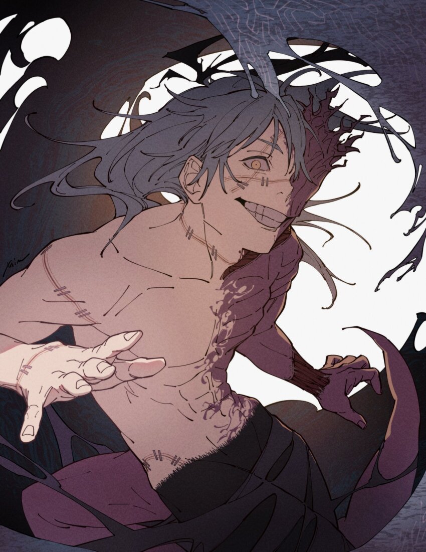 1boy, abs, body_horror, collarbone, colored_extremities, commentary_request, cowboy_shot, cursed_spirit_(jujutsu_kaisen), exposed_muscle, fingernails, floating_hair, grey_hair, grin, highres, jujutsu_kaisen, looking_at_viewer, mahito_(jujutsu_kaisen), male_focus, mim_(mimya0600), nude, parted_bangs, pectorals, smile, solo, stitched_arm, stitched_face, stitched_wrist, stitches, teeth, yellow_eyes