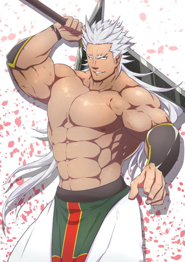 1boy, abs, bara, collarbone, fingernails, grey_hair, holding, holding_sword