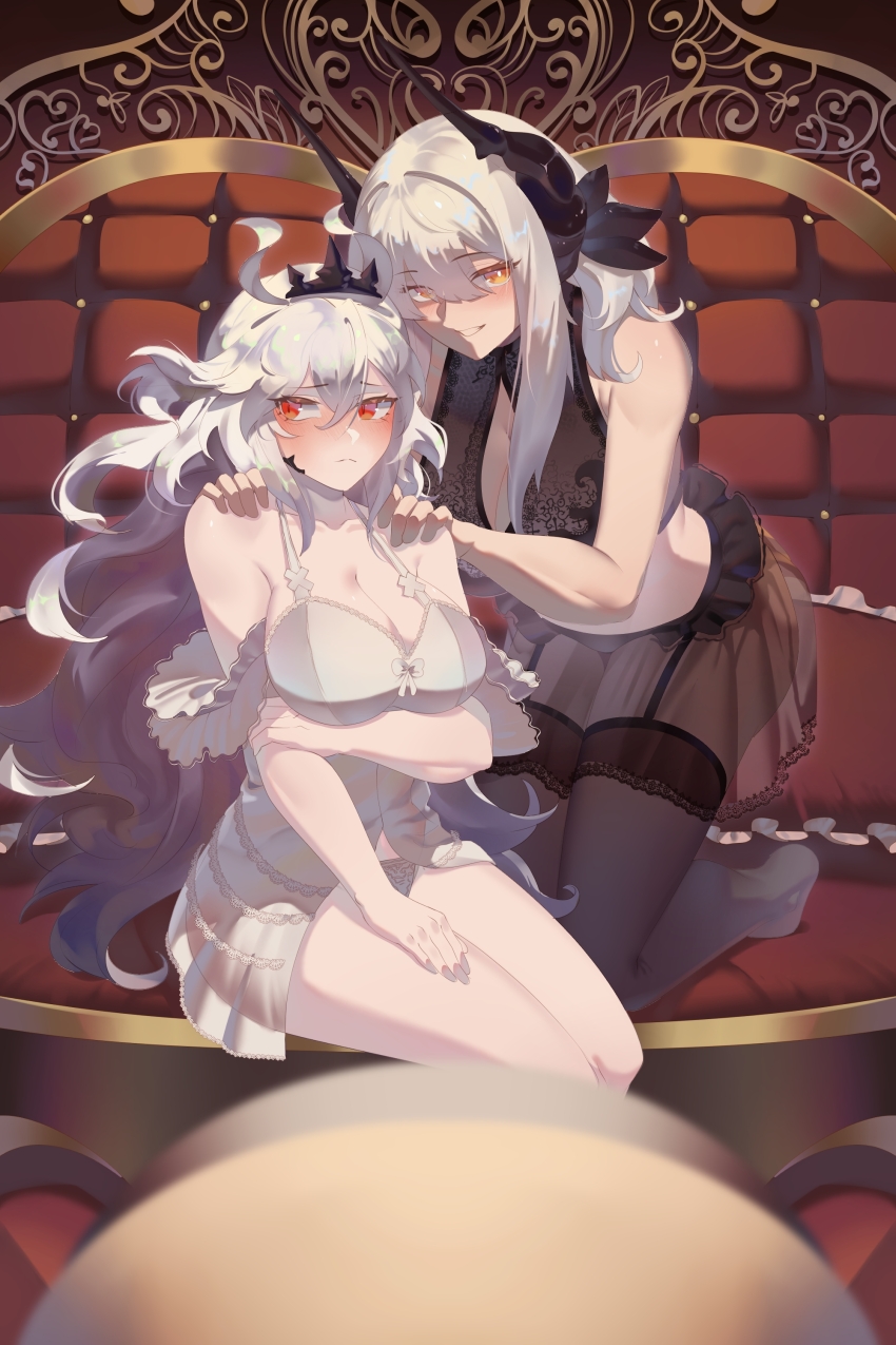 2girls, absurdres, arbiter_the_chariot_vii_(azur_lane), arbiter_the_hierophant_v_(azur_lane), arm_support, arm_under_breasts, azur_lane, bare_legs