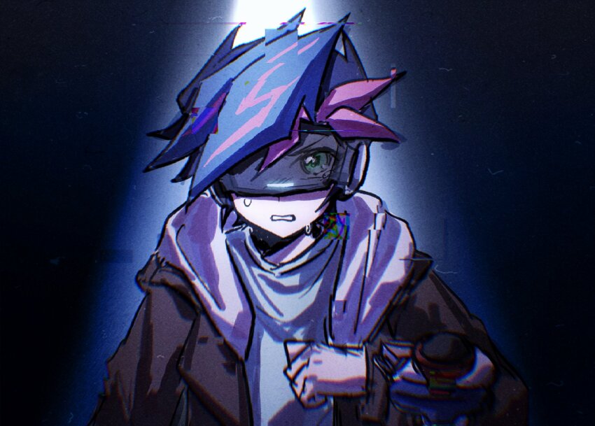 1boy, aged_down, arm_at_side, black_background, black_hair, blue_hair, brown_jacket, clenched_hand