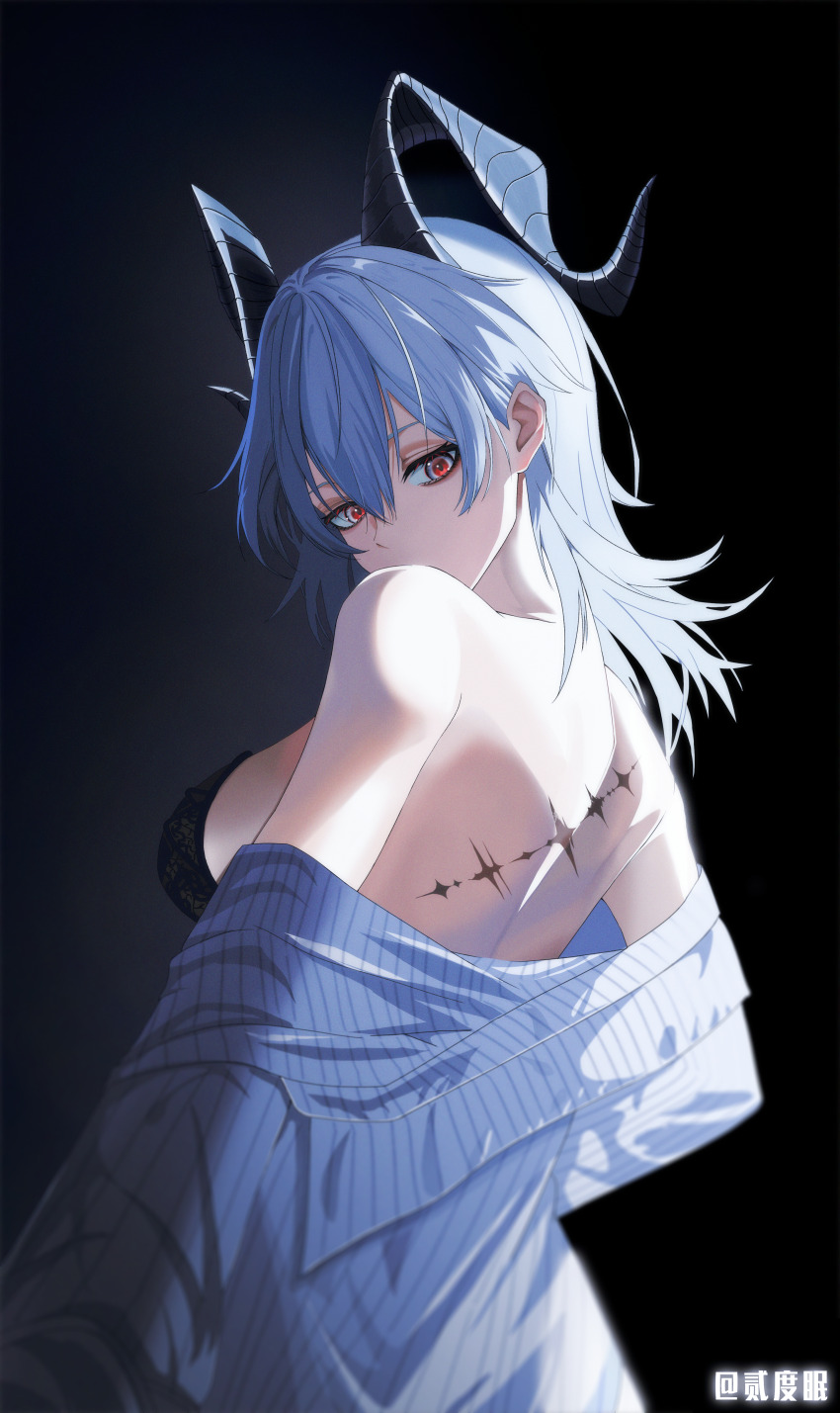 1girl, absurdres, back, black_bra, black_horns, bra, breasts, chinese_commentary