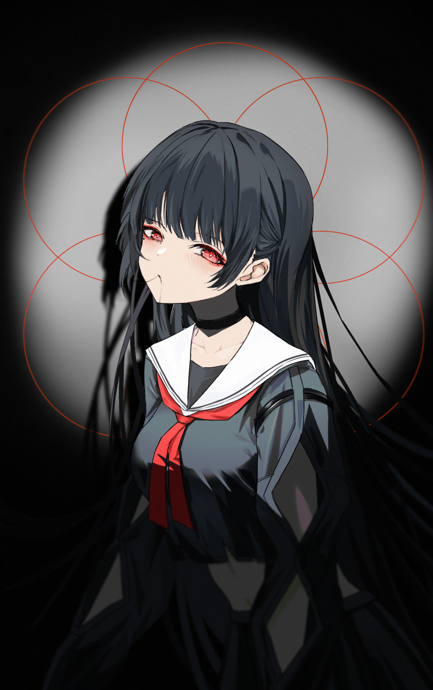 1girl, absurdres, arm_cutout, black_choker, black_hair, black_shirt, black_skirt, breasts