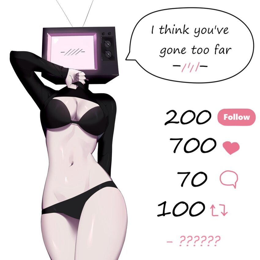 1girl, ?, ??, arm_behind_back, black_bra, black_panties, black_shirt, blush