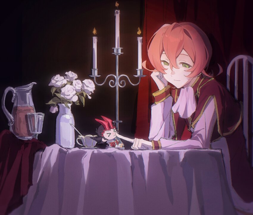 >_<, 2boys, aristocratic_clothes, ascot, black_hair, candle, candlelight, candlestand, chair, character_doll, cheek_poking, cheek_rest, chibi, chibi_inset, clenched_hand, colored_bangs, cup, curtains, doll, double-parted_bangs, dress_shirt, drinking_glass, elbow_on_table, elbow_rest, facing_another, facing_to_the_side, flower, flower_pot, green_eyes, half-closed_eyes, hand_on_own_face, head_rest, highres, iii_(yu-gi-oh!), index_finger_raised, indoors, jug_(bottle), leaning_back, leaning_forward, looking_at_another, looking_at_doll, looking_at_object, looking_down, male_focus, multiple_boys, on_chair, open_clothes, open_vest, pants, parted_bangs, pink_ascot, pink_shirt, pitcher_(container), pointing, pointing_at_another, poking, red_hair, red_tunic, red_vest, rose, shirt, sitting, smile, spiked_hair, stage_curtains, tablecloth, teacup, trap, tsukumo_yuma, tunic, vest, victorian, white_flower, white_pants, white_rose, wine_glass, wushuang566, yu-gi-oh!, yu-gi-oh!_zexal