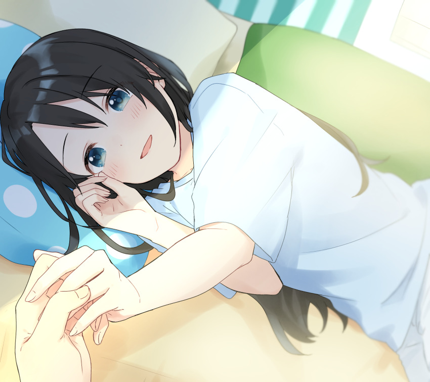 1boy, 1girl, black_hair, blue_eyes, blue_pillow, blush, hetero, highres