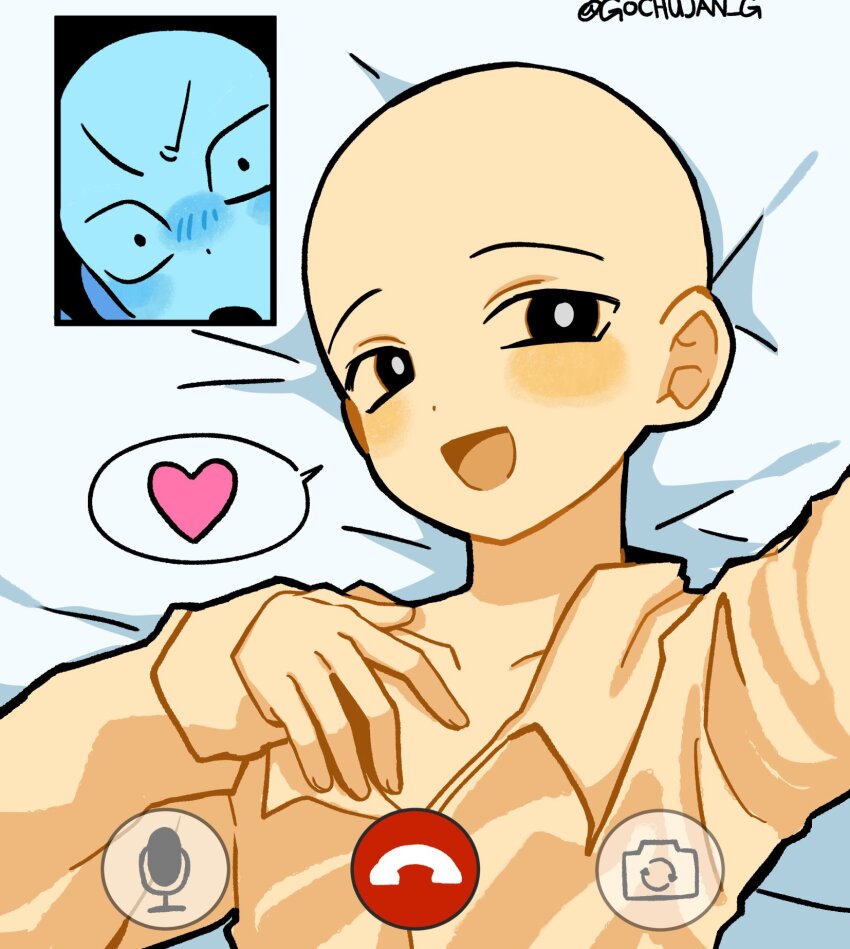 2others, :d, bald, blush, collarbone, collared_shirt, commentary_request, gochujang_(gochujan_g)