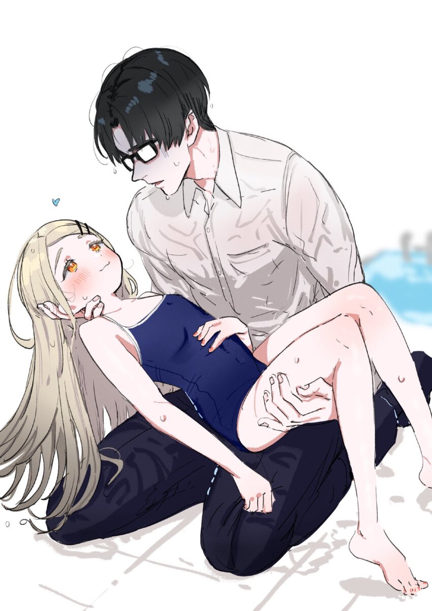 1boy, 1girl, barefoot, black_hair, black_pants, blonde_hair, blue_one-piece_swimsuit, blurry, blurry_background, blush, closed_mouth, gakuen_idolmaster, glasses, hair_ornament, hairclip, heart, hetero, highres, idolmaster, kasasagi_(futagodori888), long_hair, nail_polish, one-piece_swimsuit, opaque_glasses, orange_eyes, pants, parted_lips, pool, producer_(idolmaster), red_nails, shaded_face, shinosawa_hiro, shirt, simple_background, sitting, swimsuit, wet, wet_clothes, wet_hair, white_background, white_shirt