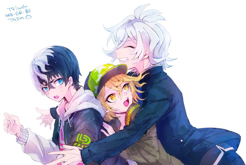 3boys, :o, ^_^, absurdres, black_hair, black_jacket, blonde_hair, blue_eyes